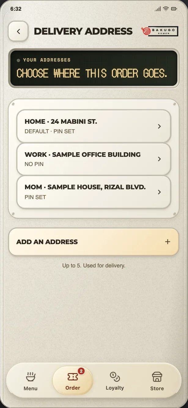 The app’s delivery address list with home, work and a third address saved