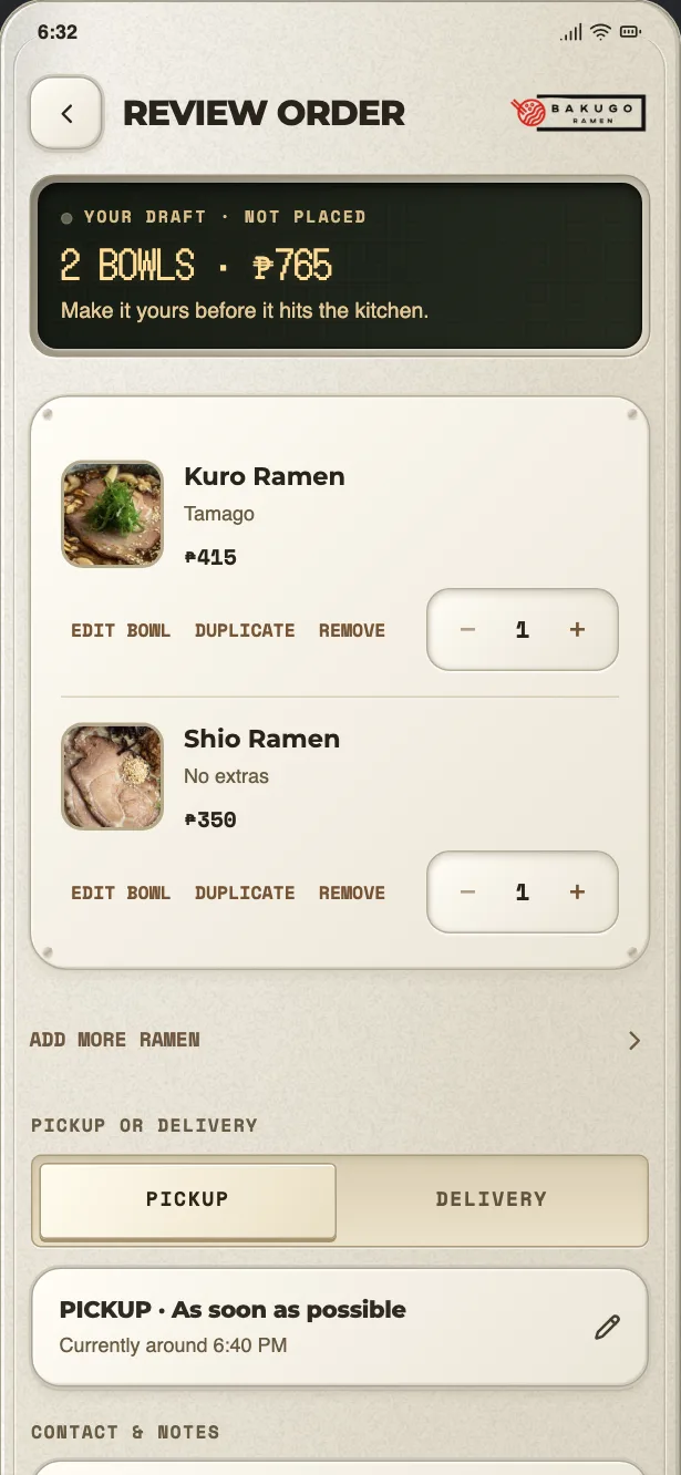 The app’s order review with a switch between pickup and delivery