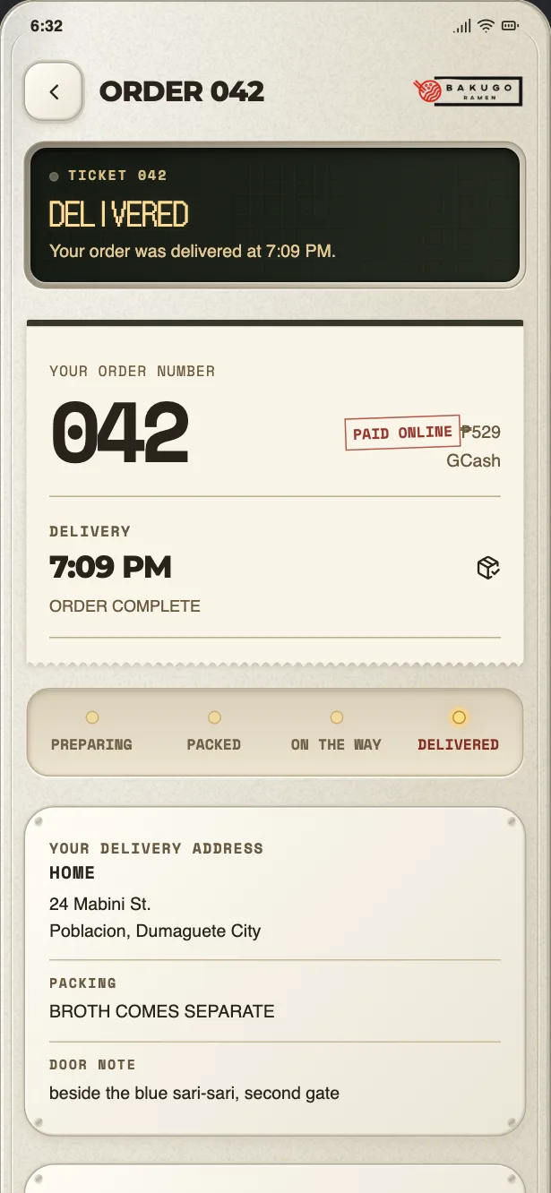 The app’s order ticket reading “Delivered”