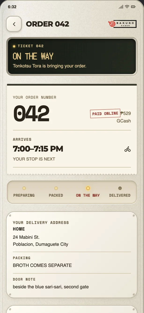 The app’s order ticket reading “On the way — your stop is next”