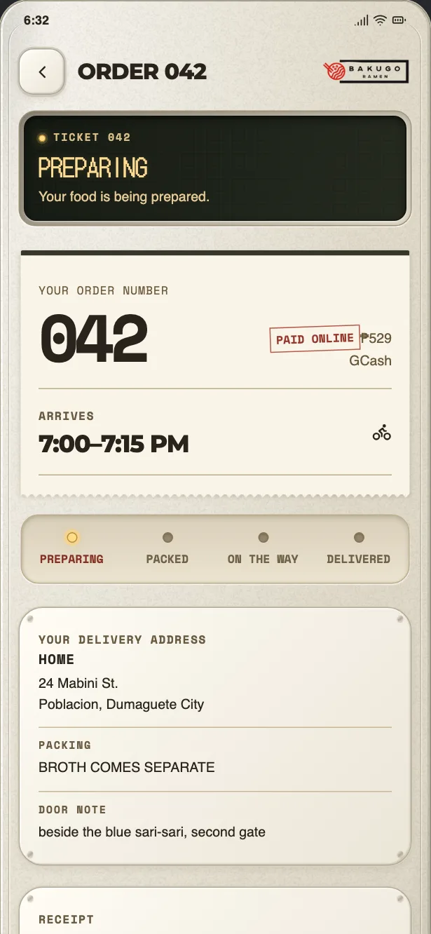 The app’s order ticket reading “Preparing”, with the packing and door notes below it