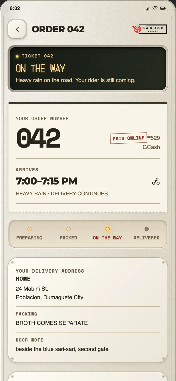 The app’s order ticket reading “On the way — heavy rain on the road, your rider is still coming”