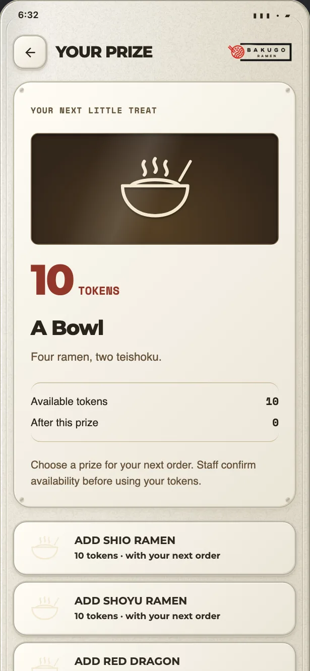 The app reserving a ten-token prize, showing the bowls it can be spent on