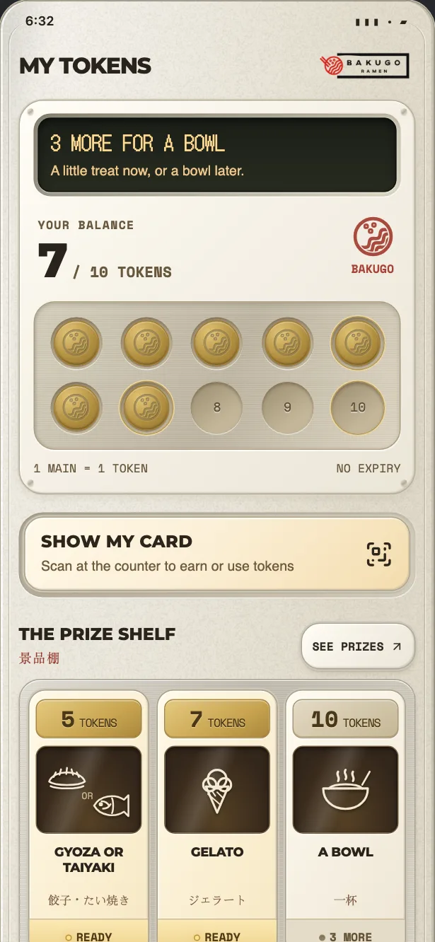 The Bakugo app showing a token card with seven of ten tokens earned