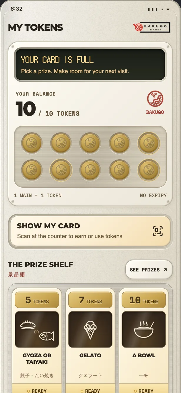The app’s token card reading “Your card is full”