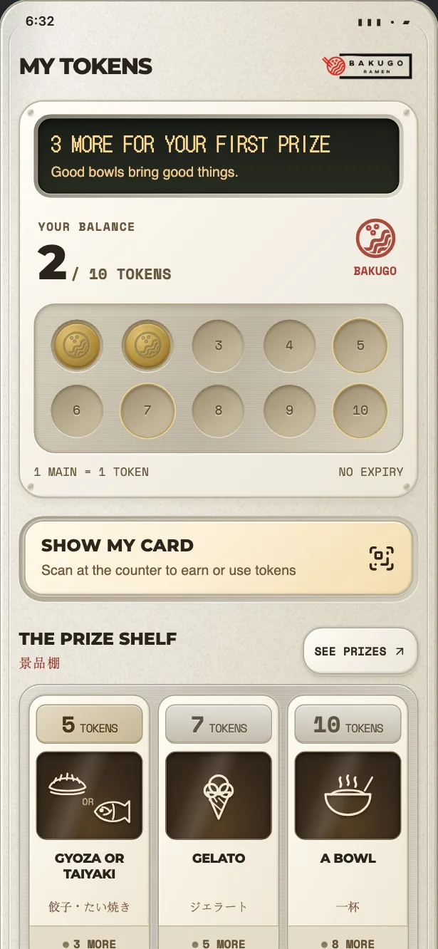 The app’s token card with two of ten tokens filled